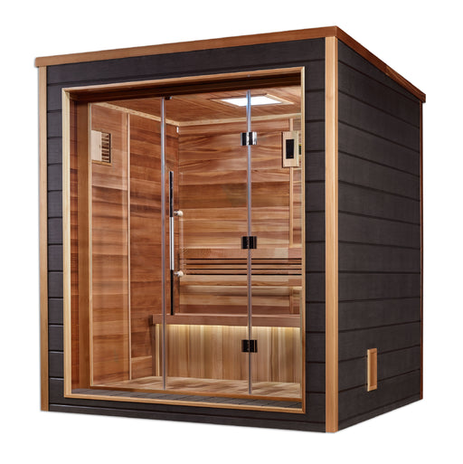 Infrared sauna with wooden interior and black exterior on a white background