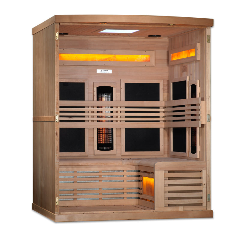 Golden Designs Reserve Edition | 3-Person Full Spectrum Infrared Sauna | Canadian Hemlock | 3 Himalayan Salt Bars | GDI-8230-01