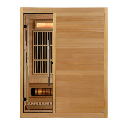 Infrared sauna with wooden interior and glass door