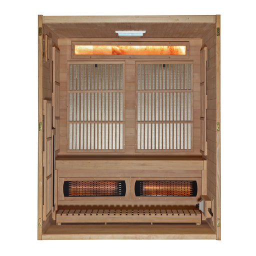 Wooden infrared sauna with heating elements on a white background