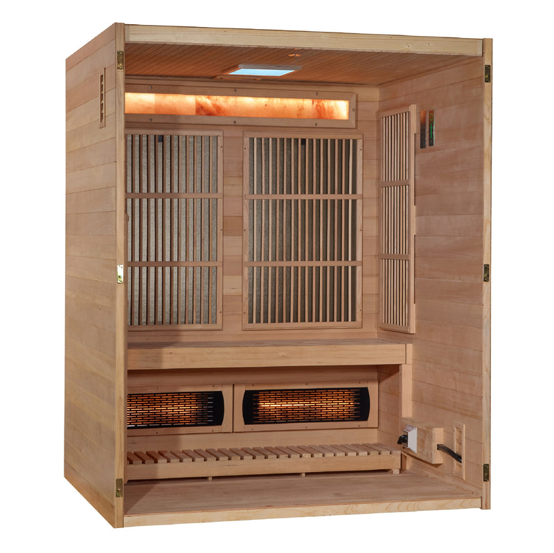 Golden Designs Soria | 3-Person Hybrid Sauna | Full Spectrum Infrared & Harvia 6KW Stove | Canadian Hemlock | GDI-8330-01