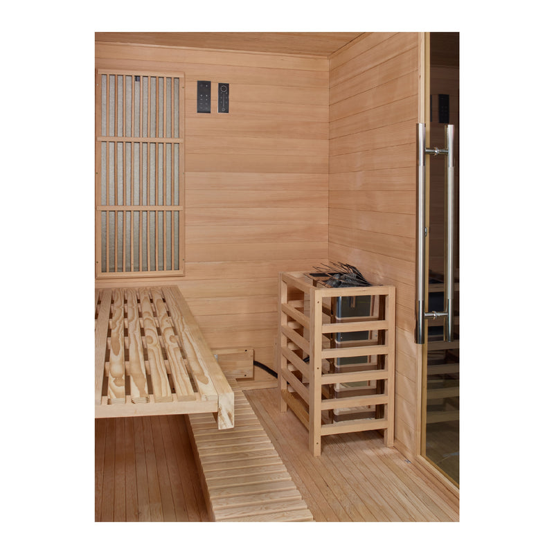Golden Designs Soria | 3-Person Hybrid Sauna | Full Spectrum Infrared & Harvia 6KW Stove | Canadian Hemlock | GDI-8330-01