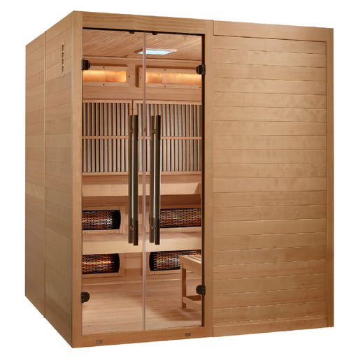 Wooden sauna with glass door on a white background