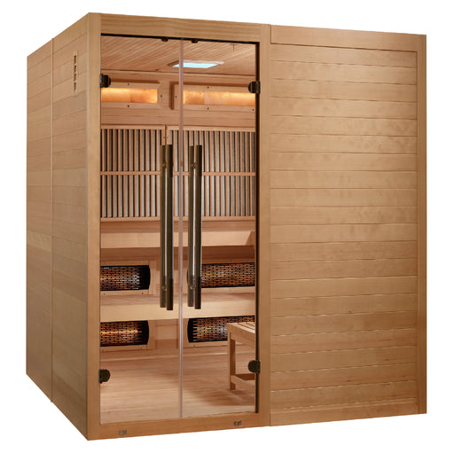 Wooden sauna with glass door on a white background
