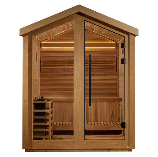 Wooden sauna with glass door on a white background