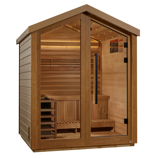 Wooden sauna with glass door on a white background