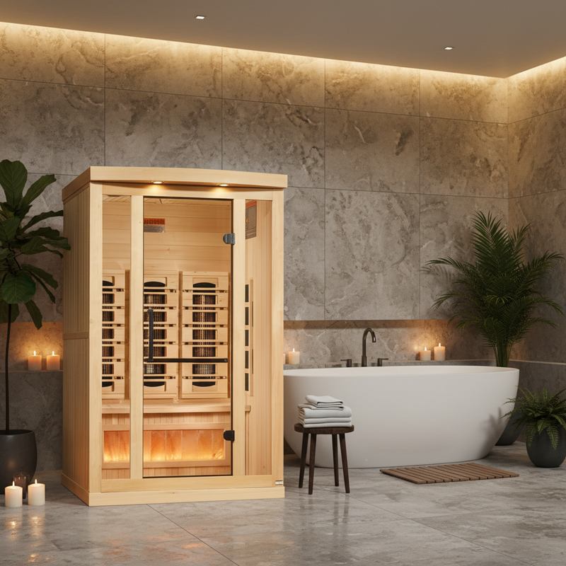 Golden Designs Reserve Edition 2-person infrared sauna, front view, lifestyle