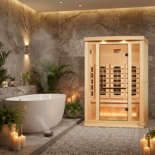 Golden Designs Reserve Edition 2-person infrared sauna, front view, lifestyle