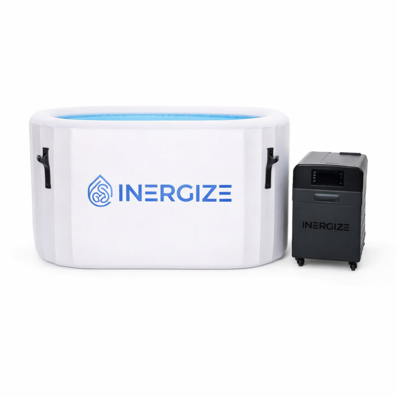 INERGIZE cold plunge product and a  black chiller device on a white background