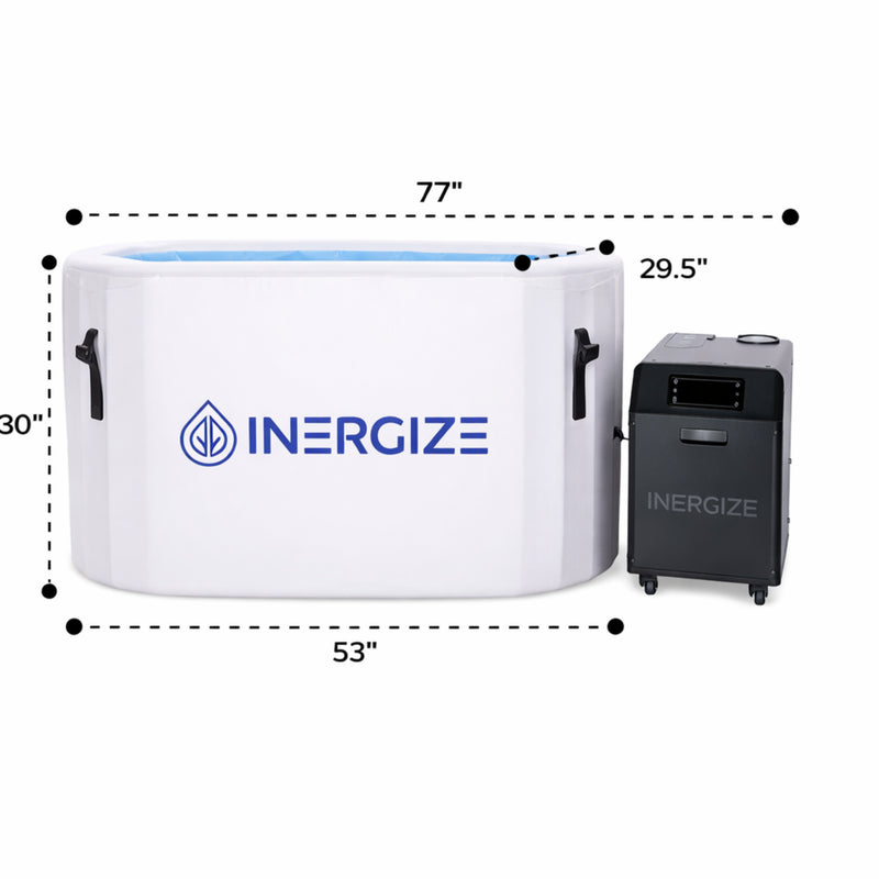 INERGIZE cold plunge product and a  black chiller device on a white background