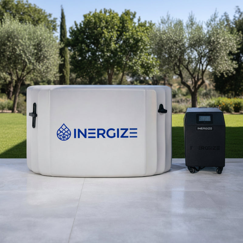 INERGIZE cold plunge product and a  black chiller device on a white background front view