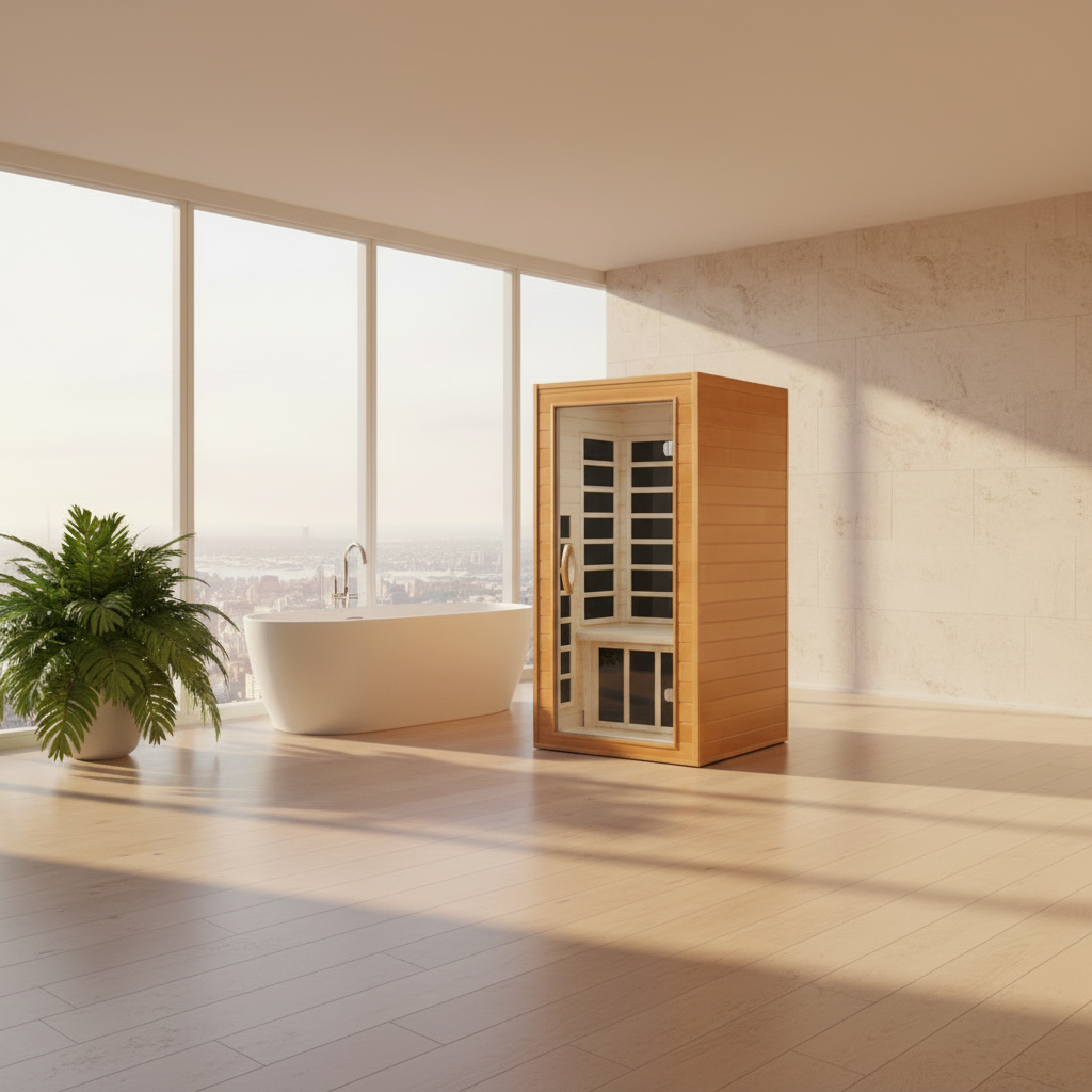 Infrared sauna in a modern bathroom setting with a bath in the background.