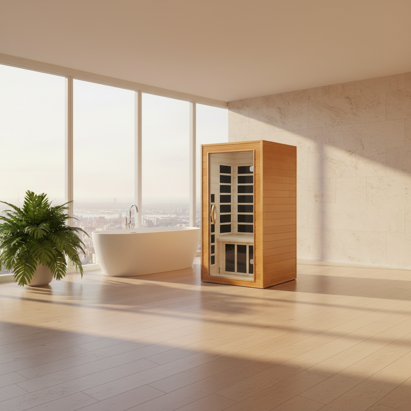 Infrared sauna in a modern bathroom setting with a bath in the background.