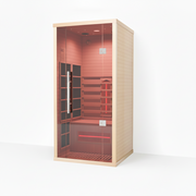 Infrared sauna with wooden exterior and glass door on a white background
