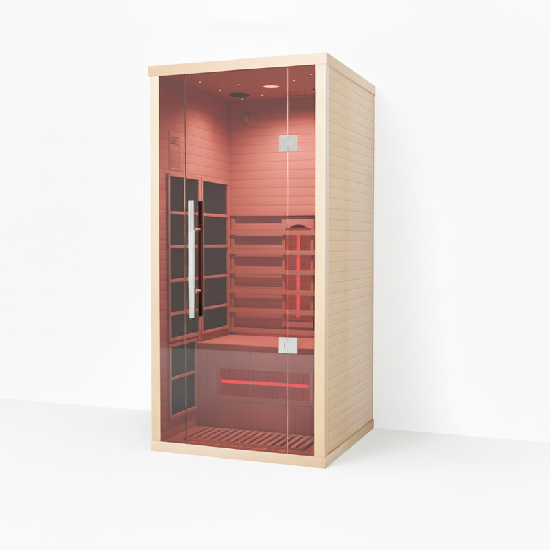 Infrared sauna with wooden exterior and glass door on a white background