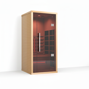Infrared sauna with wooden exterior and glass door on a white background