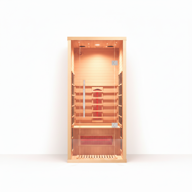 Infrared wooden sauna with interior lights on a white background