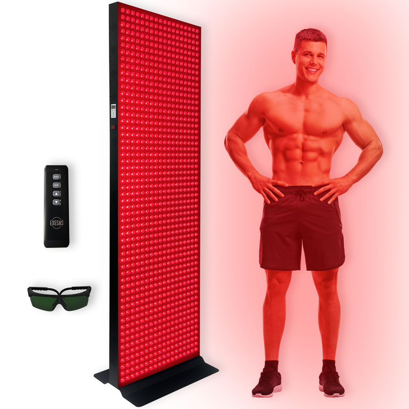 EXESAS Full Body Red Light Panel with remote control and protective eyewear on white background"