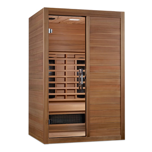 Interior of Maxxus S-Line 2-Person infrared sauna showing PureTech™ carbon and near infrared heating panels, chromotherapy lighting, and LED control panel