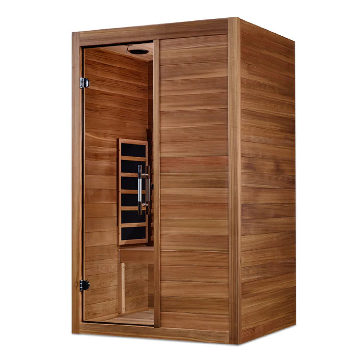 Maxxus S-Line MX-S206-01-FS-PC sauna detail — clasp-together Pacific Cedar construction with Bluetooth audio and plug-and-play 120V setup