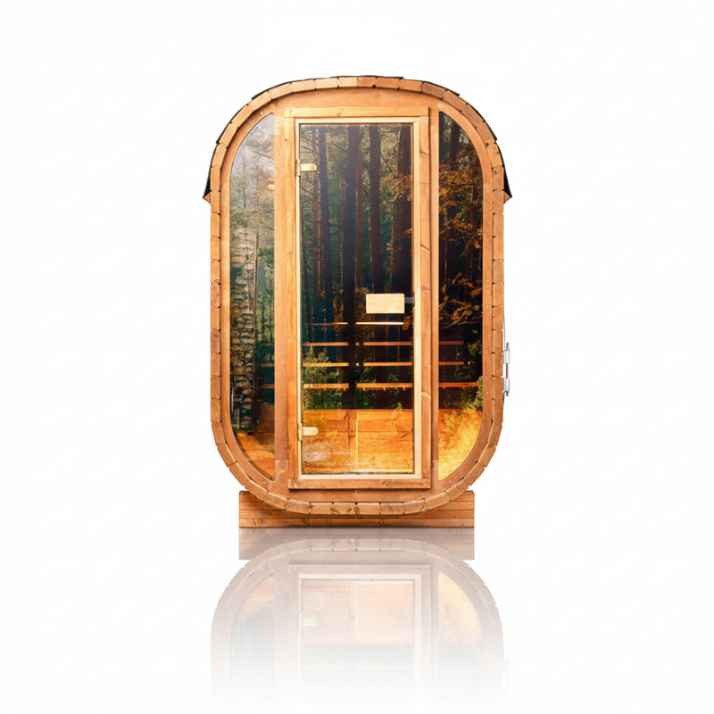 Orivon Auris One outdoor cedar sauna, front view