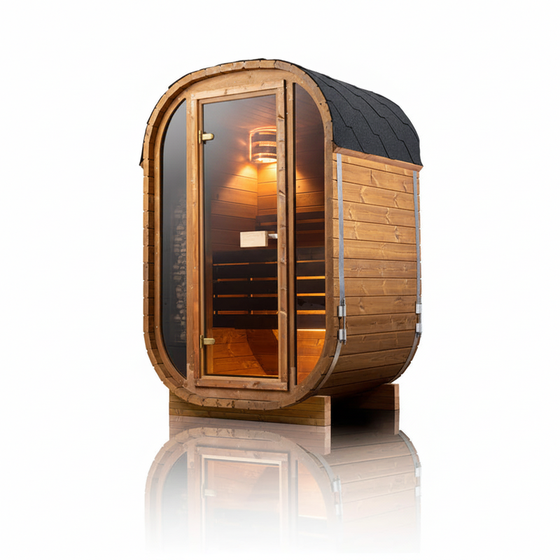 Orivon Auris One outdoor cedar sauna, side view