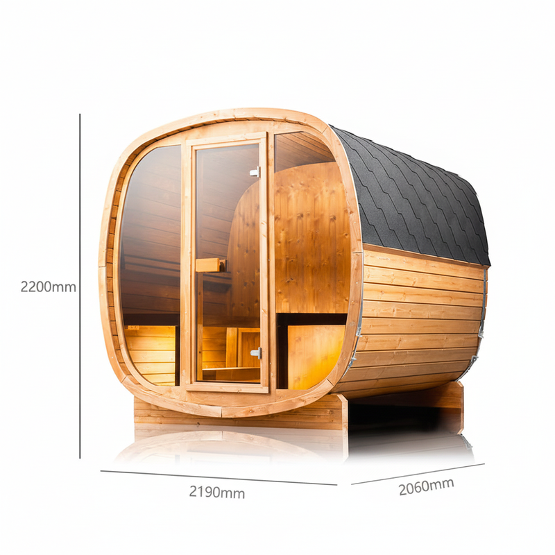 Orivon Auris Two luxury cedar sauna, angle view