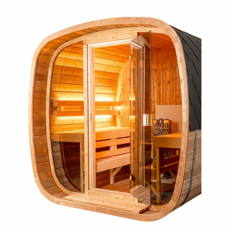 Orivon Auris Two luxury cedar sauna, side view