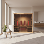 Orivon Lumin Three infrared sauna, front view, lifestyle