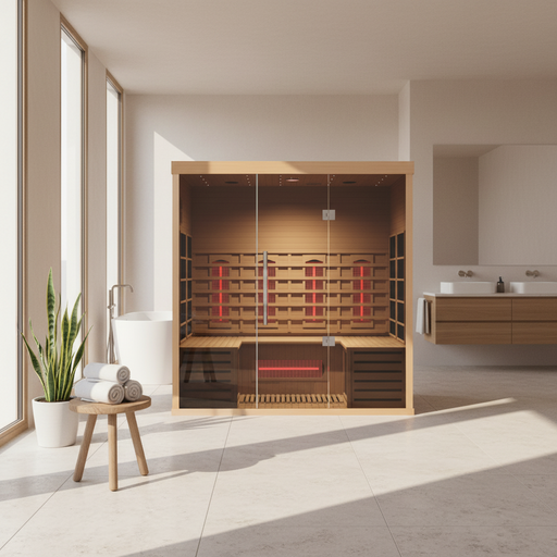 Orivon Lumin Three infrared sauna, front view, lifestyle