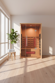 Orivon Lumin Two indoor infrared sauna, front view, lifestyle