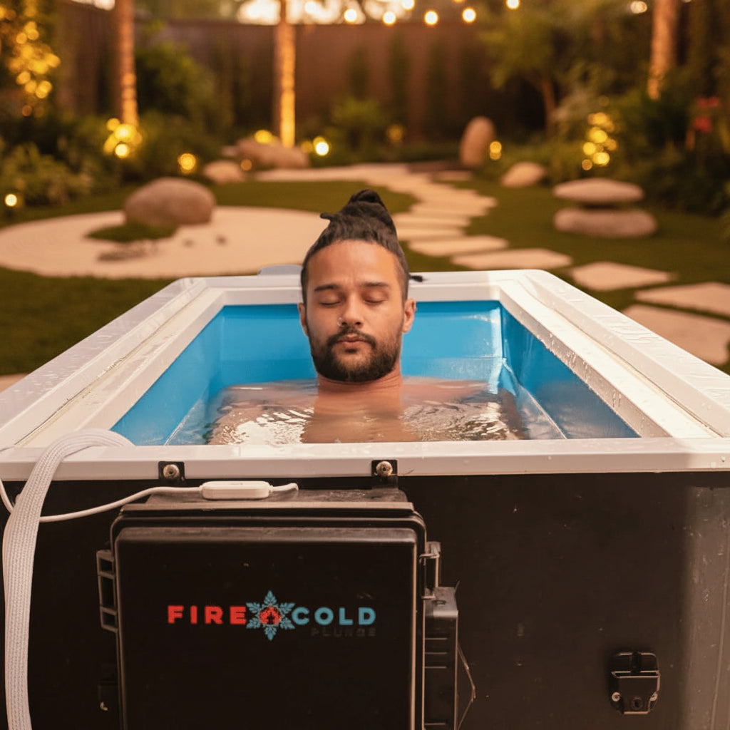 Person in a cold water cold plunge tub.