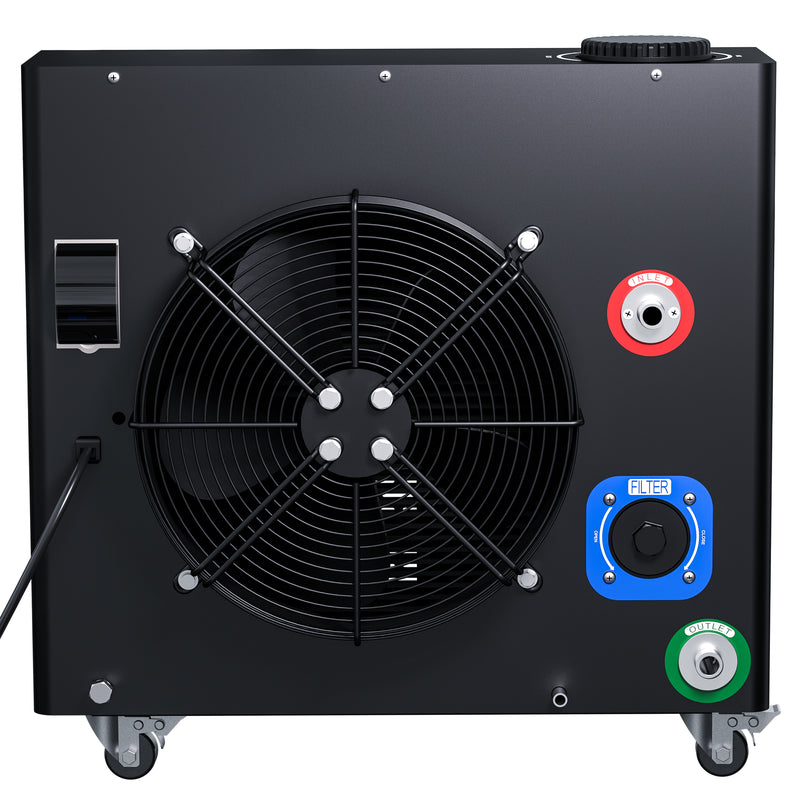 Black industrial fan with control panel on a white background