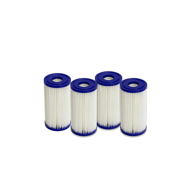 Four cylindrical replacement filters with white pleated bodies and blue end caps, arranged in a row on a plain white background.