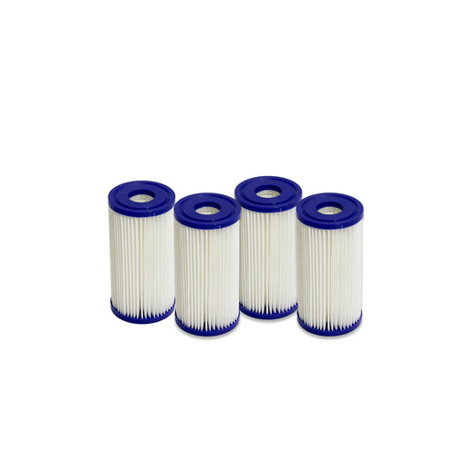 Four cylindrical replacement filters with white pleated bodies and blue end caps, arranged in a row on a plain white background.
