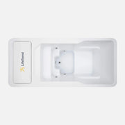 White birdseeye view cold plunge tub with a control panel on a light gray background