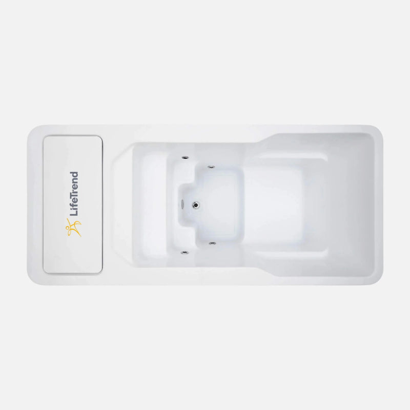 White birdseeye view cold plunge tub with a control panel on a light gray background
