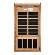 Wooden sauna with black interior on a white background