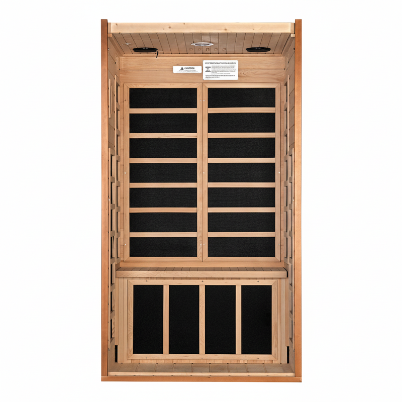 Wooden sauna with black interior on a white background