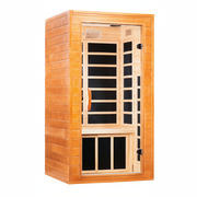 Wooden sauna with glass door on a white background