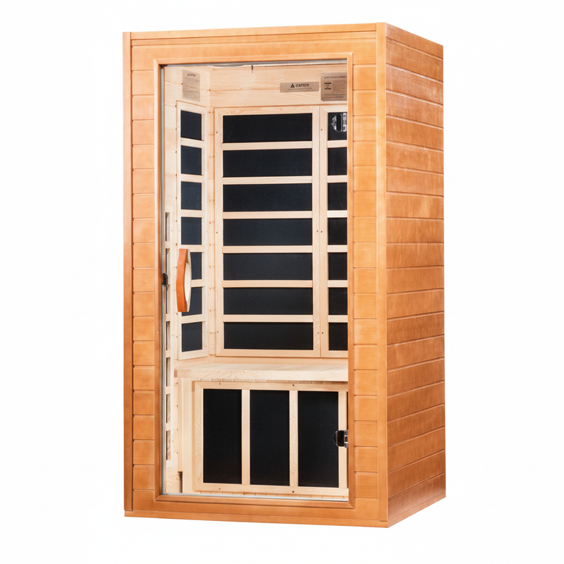 Wooden sauna with glass door on a white background