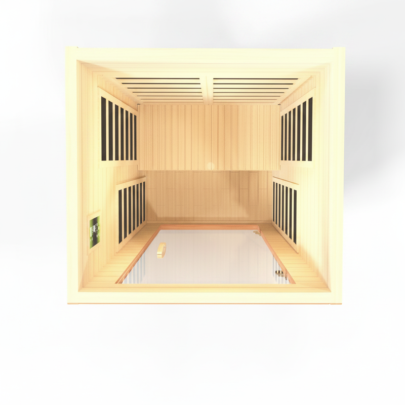 Wooden sauna with glass door on a white background (top down view)