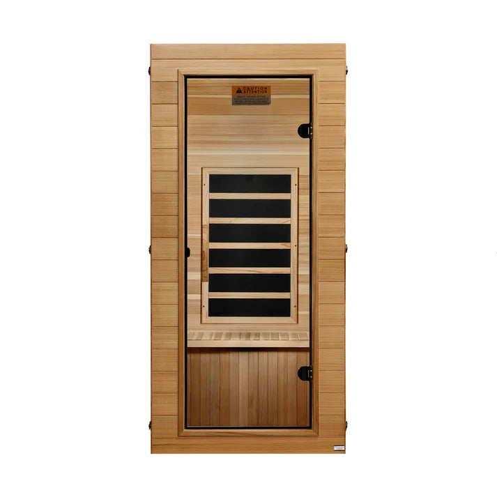 Wooden sauna door with glass panel on a white background