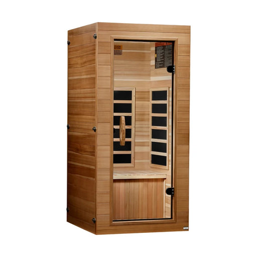 Wooden sauna with glass door on a white background