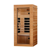 Wooden sauna with glass door on a white background
