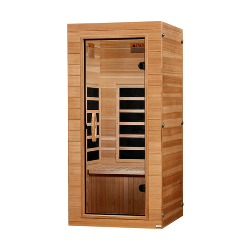 Wooden sauna with glass door on a white background