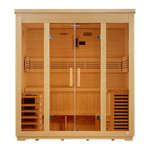 Wooden sauna with glass doors on a white background