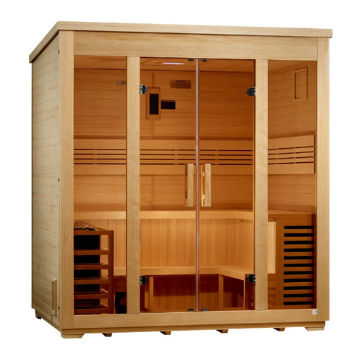 Wooden sauna with glass doors on a white background
