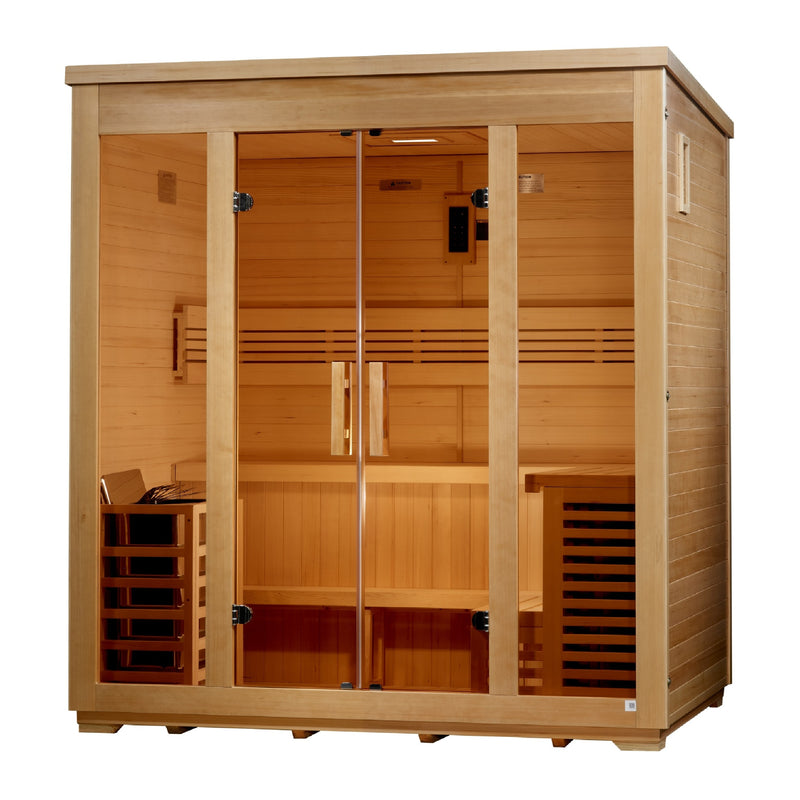 Golden Designs Vorarlberg | 5-Person Outdoor Traditional Sauna | Canadian Hemlock | 8.0 kW Stove | Flat Roof | 2026 Edition (GDI-8005-01)