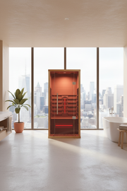 infrared sauna with wooden frame and red interior lights 